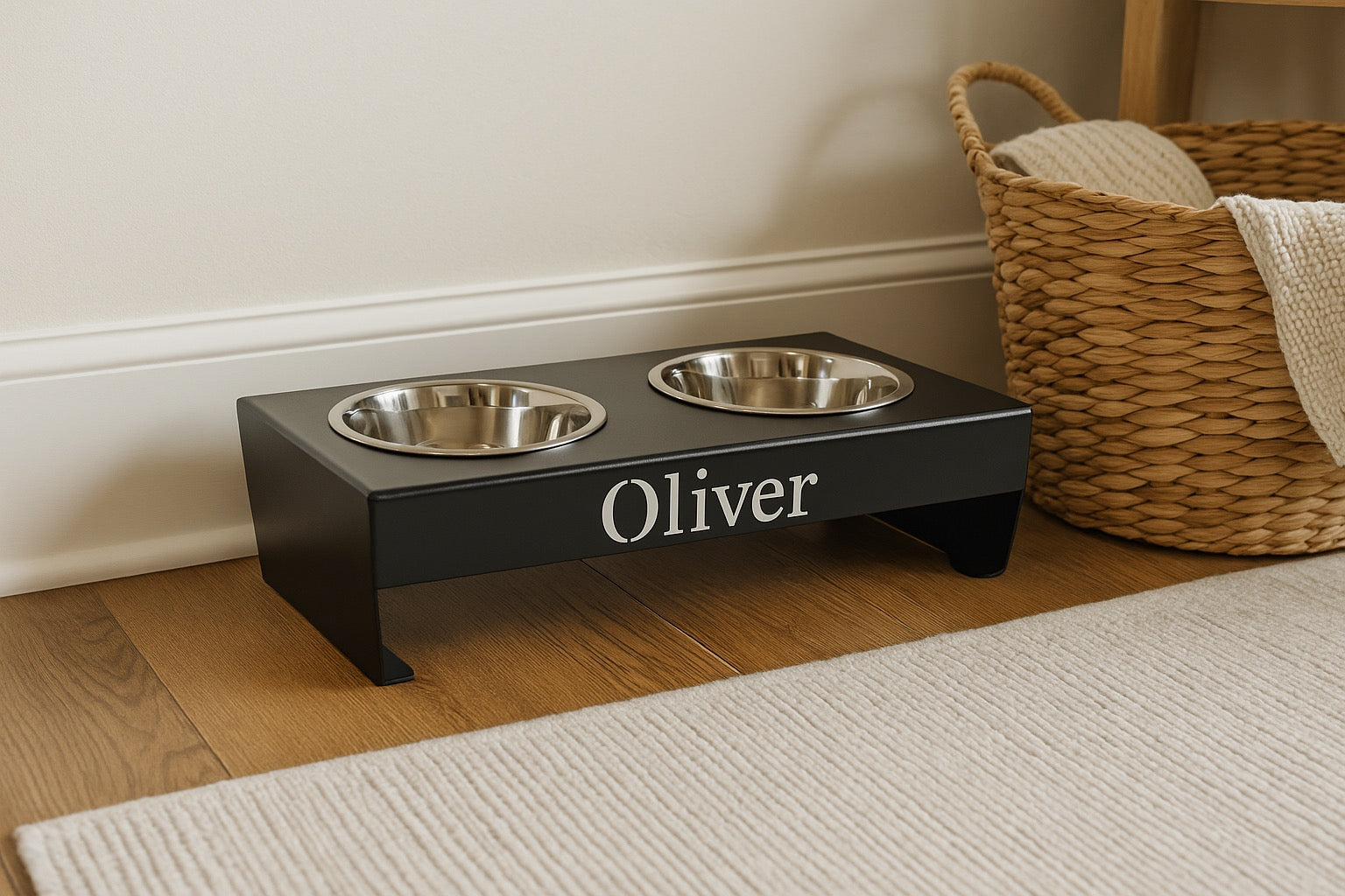 "Custom Black Metal Dog Bowl Stand – Personalized Raised Feeder with 1 or 2 Names in 3 Sizes"