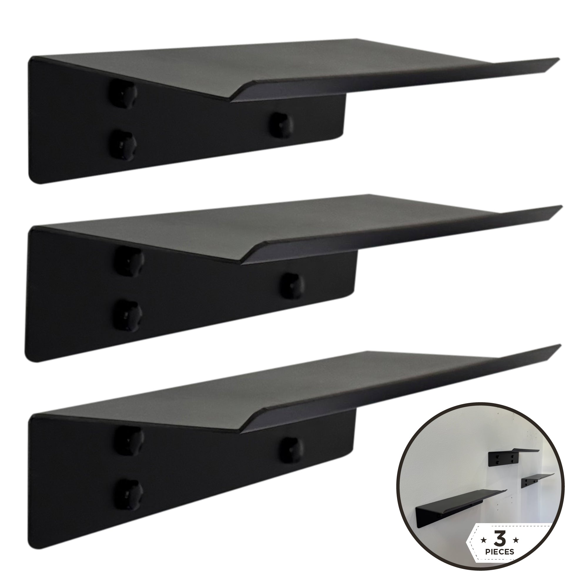 3-Piece Metal Wall Shelves with Lip for Displaying Ornaments, Books, Collectibles - Display Wall Shelf for Bedroom, Bathroom, Living Room, Kitchen - 12x4x1.5"